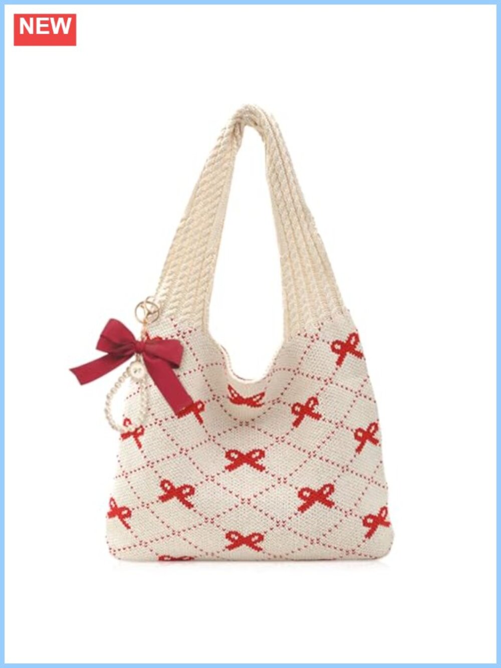 Crochet Tote Bag with Bow Keychain Mesh Knitted Shoulder Bag